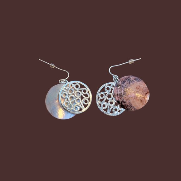 1" Round Metal & Shell Disc 2 Part Dangle Earrings - Picture 1 of 9